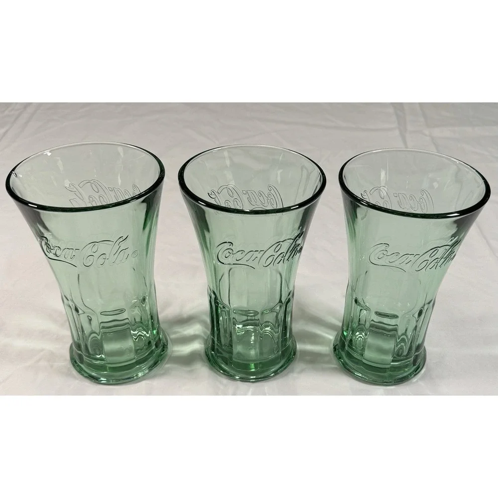 Vintage‎ Coca-Cola Green Glass Tumbler Set Embossed Coke Glasses Set of 3